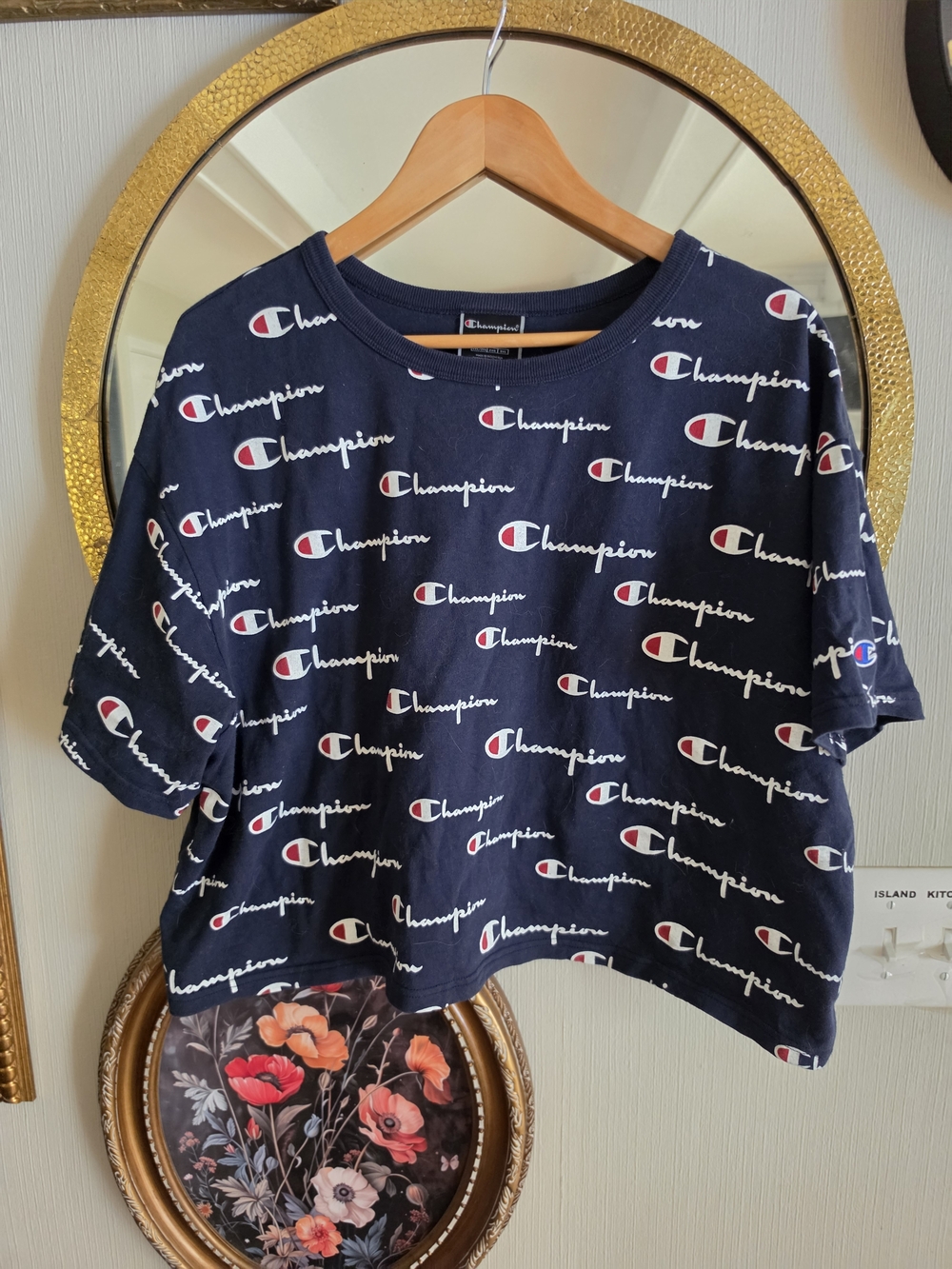 Champion Navy Logo All-Over Print Cropped Tshirt Womens 2x